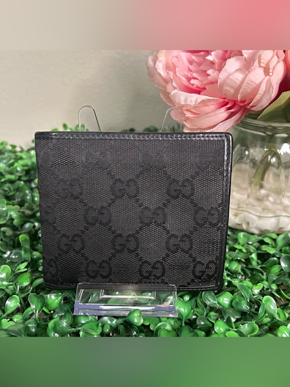Gucci Black GG Canvas Bifold Wallet Coin Pocket Leather Trim 034.4276.099 w/ COA